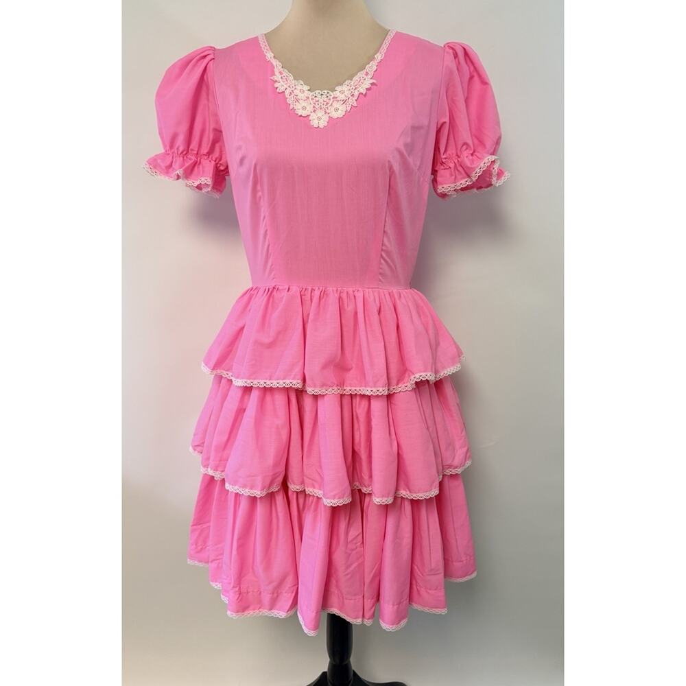 Vintage Womens Dance Dress Lace Prairie Western Cottagecore Sz 12 Bubblegum Pink